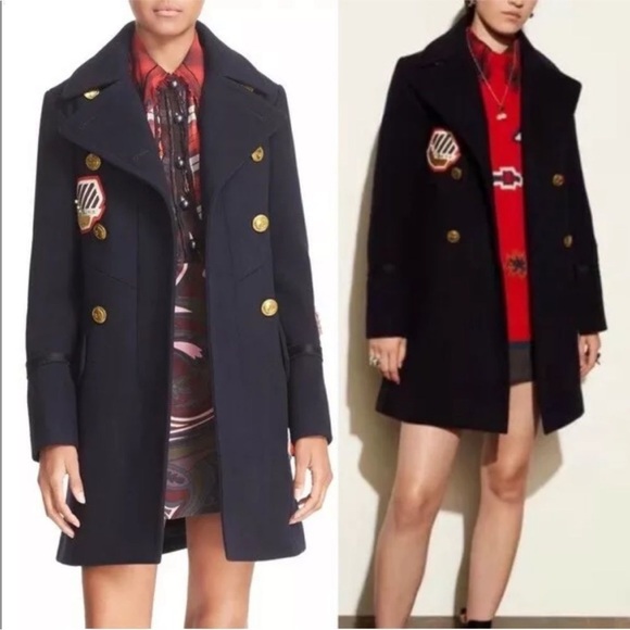 NWOT COACH Navy Blue Patch Nautical Pilot Trench Winter Coat sz 6 Pea Coat Naval - Picture 3 of 7